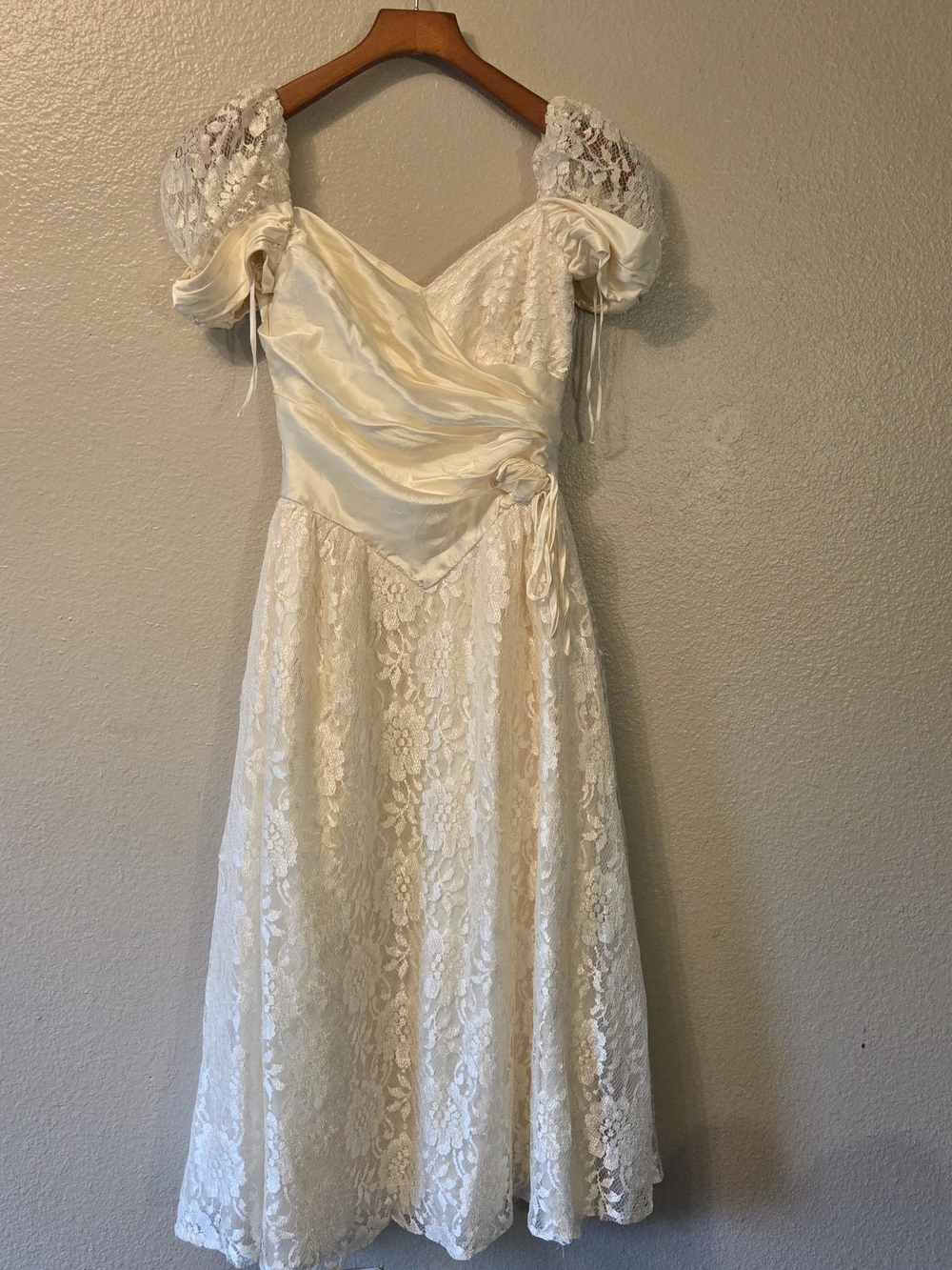 Vintage Ilgwu Sewing Union Cream Lace and Satin Midi Dress with Puff Sleeves